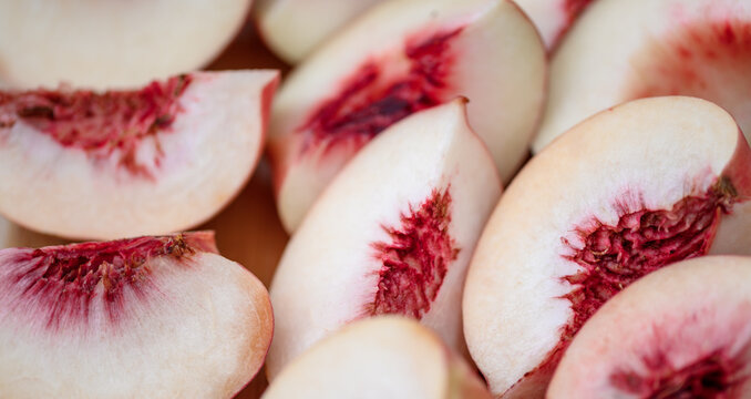 Peach, peach fruit cut into pieces, light flesh macro