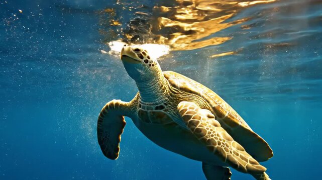 Majestic green sea turtle swimming gracefully toward the surface in crystal blue ocean water illuminated by golden sunlight