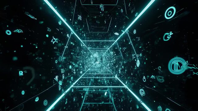 Neon digital tunnel with scattered futuristic symbols and geometric shapes