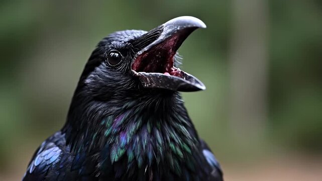 Extreme close-up of a magnificent Common Raven (Corvus corax) cawing loudly, showing the beautiful blue and purple iridescence of its black feathers against a blurred green forest background.