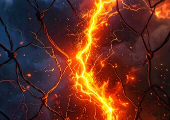 炎と金網の抽象背景。危険・制限・強烈なエネルギー