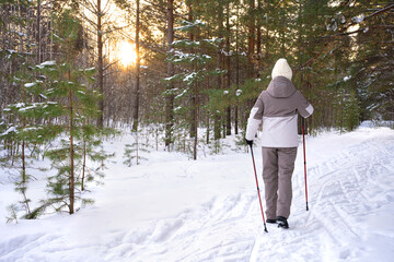 Nordic walking with trail poles in snowy winter park