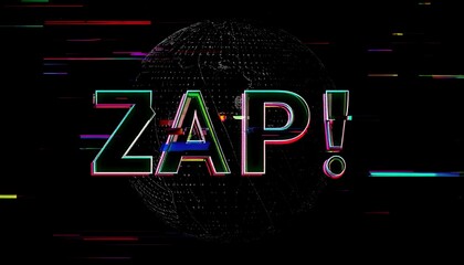 Futuristic design features "ZAP!" text with glitch effect and digital globe backdrop