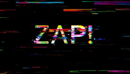 ZAP!" graphic with glitch effect, bold font, colorful horizontal streaks on black background