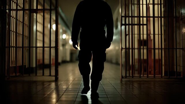 View of prison corridor with open cell doors during nighttime with lights illuminating the path ahead