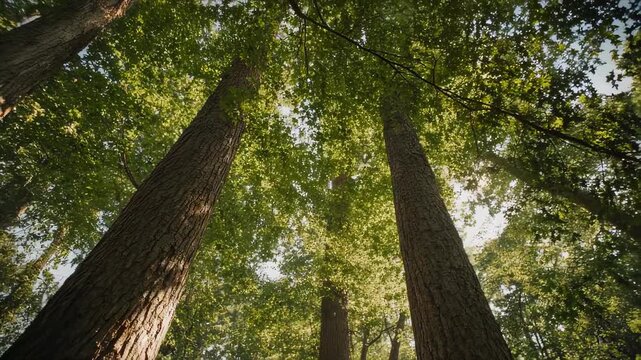 Sunbeams filter through tall trees, illuminating the forest canopy