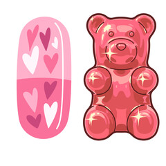 Pink Gummy Bear and Heart Pattern Medicine Capsule Illustration