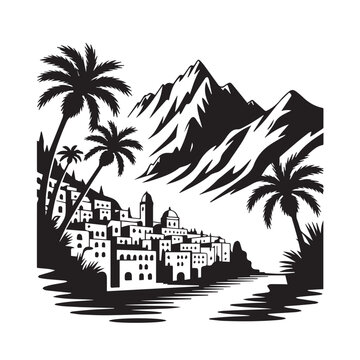 Mediterranean Coastal Village Silhouette with Mountains and Palm Trees