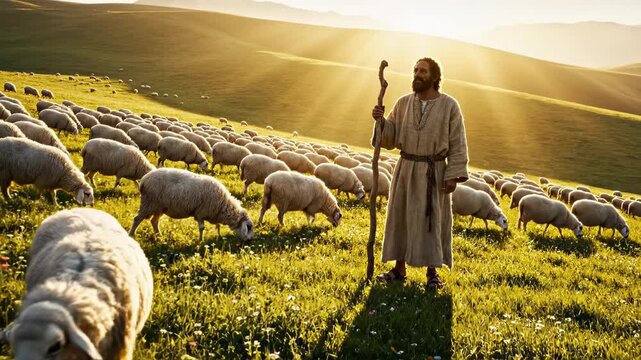 Shepherd Standing with Staff Watching Large Flock of Sheep Graze on Sunny Rolling Green Hills at Golden Hour