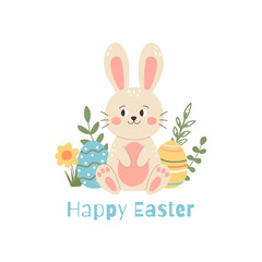 Fototapeta premium Happy Easter greeting card with cute Easter bunny and easter eggs. Vector illustration 