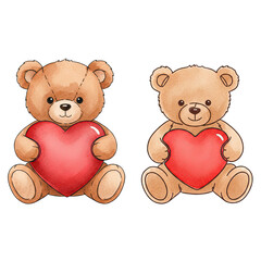 Cute Watercolor Teddy Bear Holding Red Heart for Valentine Day Greeting Card