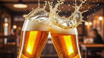 Two glasses of lager beer toasting with big splash and foam in pub background celebration and party drink concept