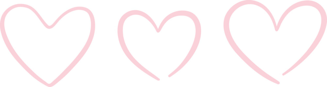 Pastel pink hand drawn line art minimalist heart doodle set, vector outline clip art