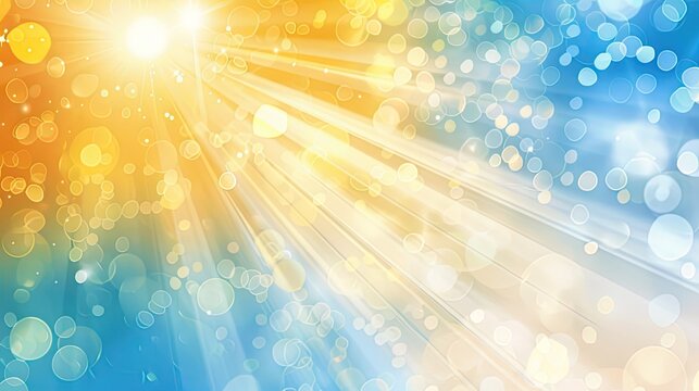 A vibrant abstract background with sun rays and bokeh effects in warm and cool colors.