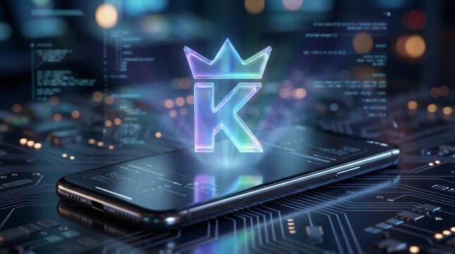 A glowing holographic letter K with a crown emblem floats above a modern smartphone screen on a digital circuit board background