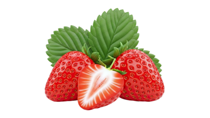 Two whole strawberries and one halved strawberry with leaves