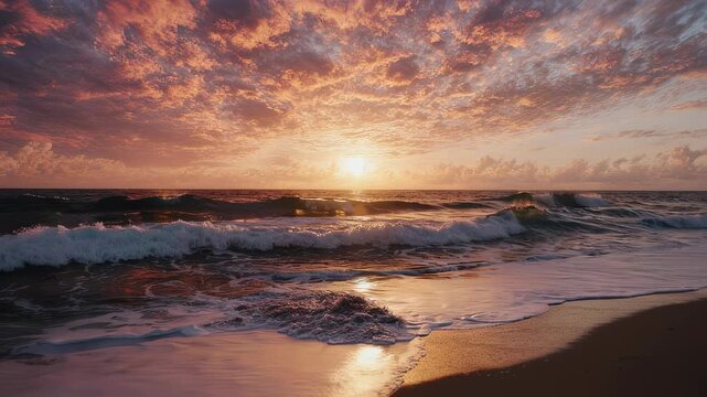 Ocean waves lap a sandy shore under a dramatic sky ablaze with sunset colors