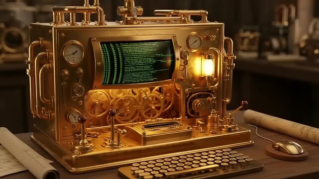 Steampunk Computer with Keyboard and Scrolls.