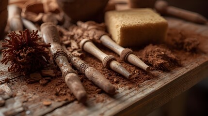 Wood carving tools with shavings on workbench