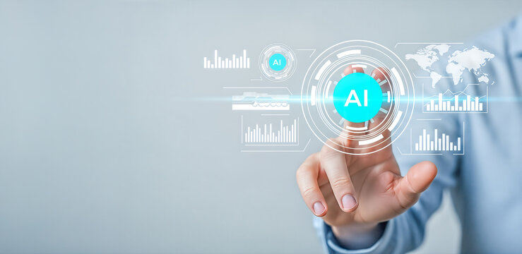businessman hand touching artificial intelligence icon on virtual screen futuristic technology ai concept digital innovation network data automation machine learning system smart - Powered by Adobe