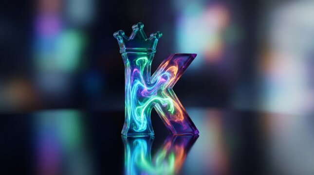 A 3D glass letter K with a crown emblem featuring vibrant swirling neon smoke inside on a dark reflective surface