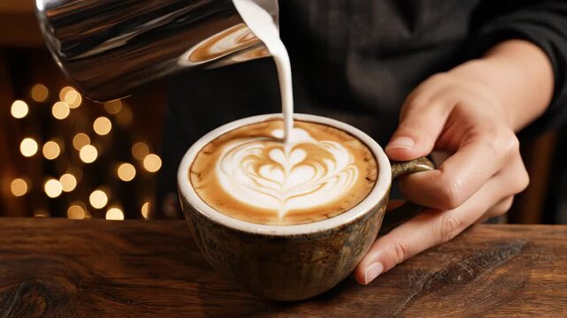 Professional Barista Pouring Steamed Milk to Create Beautiful Heart Latte Art Pattern in a Ceramic Cup on a Wooden Table in Slow Motion