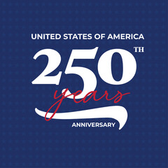 250 years anniversary celebration logo for poster, banner, greeting card. 4th of July Independence Day of America. Number 250 vector illustration on blue background.