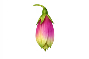 Fuchsia flower bud closing, vibrant pink petals blending to green, botanical illustration on transparent background