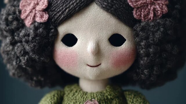 Soft doll with curly hair and flower decorations, resting against a simple background during the daytime
