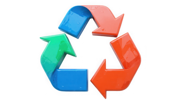 Glossy three dimensional recycling symbol featuring vibrant blue green and orange arrows in a continuous loop on transparent background - Powered by Adobe