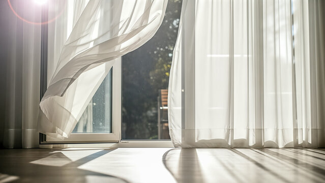 Fresh air coming through open window with white transparent curtains blowing in wind at sunny summer day in cozy room