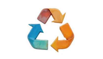 Three dimensional glossy plastic recycling symbol icon with vibrant contrasting colors representing conservation and sustainability on transparent background