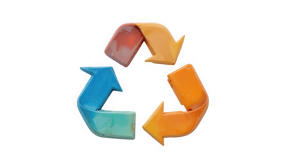 Three dimensional glossy plastic recycling symbol icon with vibrant contrasting colors representing conservation and sustainability on transparent background