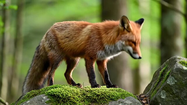 A beautiful Red Fox (Vulpes vulpes) stands alert on a moss-covered rock in a temperate forest, sniffing the ground and observing its surroundings.