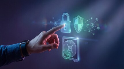 Human hand interacting with digital security icons virtual environment technology concept cybersecurity awareness