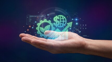 Fototapeta premium Human hand holding symbols of growth and sustainability in a digital landscape business innovation technology environment conceptual perspective