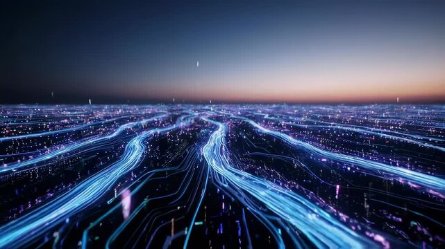 Luminous blue and purple light trails weave across a dark, sprawling landscape