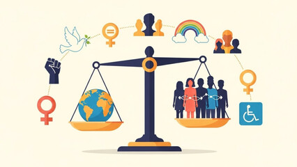 Fototapeta premium Equality and justice concept with scale balancing globe and diverse people surrounded by gender disability and human rights symbols