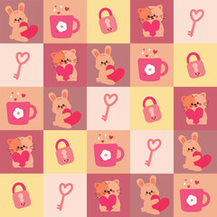 cute valentine patchwork pattern wallpaper with hand drawn cartoon cat and bunny with valentine element drawing