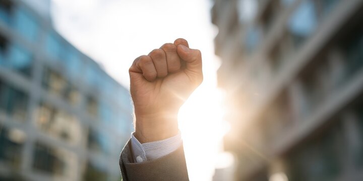 Victory Suit Businessman clenched fist raised in victory against a sunny urban city skyline, symbol of power, success, and professional determination