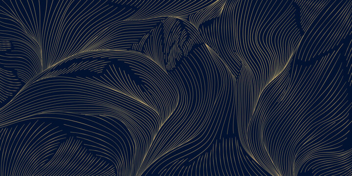 Luxury abstract wave pattern, elegant gold lines on dark background. Premium Japanese vector design, flow curves, geometric elements, wine label, packaging, wedding, posters, wallpaper.