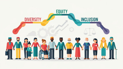 Diverse group of people standing together representing unity equity and inclusion with colorful abstract lines