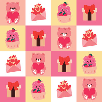 cute valentine patchwork pattern wallpaper with hand drawn cartoon bear with valentine element drawing