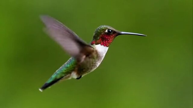 A hummingbird in flight with vibrant green feathers, red throat patch, and long beak, set against a blurred green background, possibly for nature or wildlife documentation