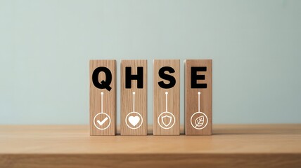 QHSE safety awareness concept with quality health environment compliance symbols risk control training standards workplace culture system improvement