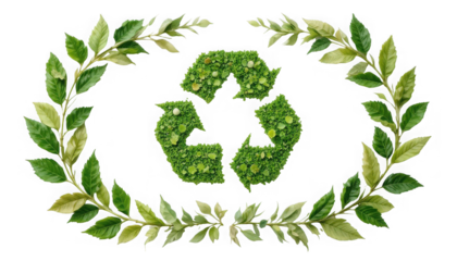 Lush green recycling symbol crafted from vibrant moss and foliage is beautifully framed by natural leafy branches on transparent background