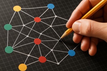 Network Illustration: A hand meticulously sketches a complex network diagram with a pencil, illustrating interconnectedness and the flow of information.