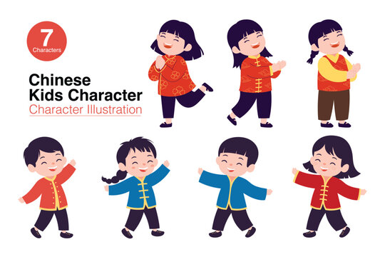 Cute Chinese kids characters wearing traditional clothing, cheerfully celebrating the upcoming Lunar New Year festival with happy poses and smiling faces.