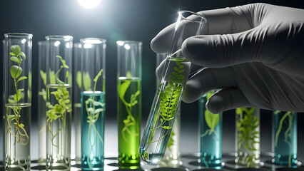 “Glowing Green Plants in Laboratory Test Tubes with Fluorescent Lighting – Science Lab Concept”