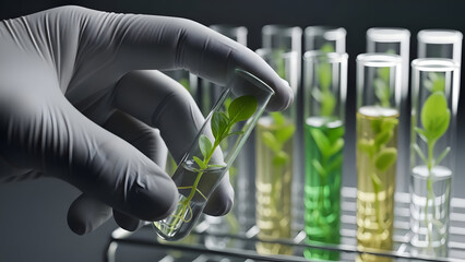 “Glowing Green Plants in Laboratory Test Tubes with Fluorescent Lighting – Science Lab Concept”